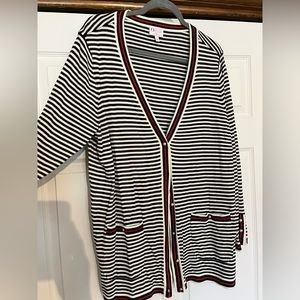 Talbots cardigan (Oprah collection). 1X. Navy & cream striped with red detail.